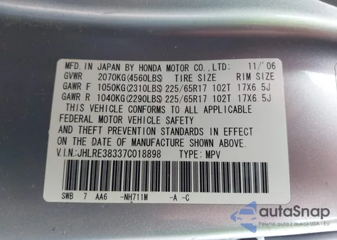 2007 Honda Cr-V Lx from USA, damaged, VIN JHLRE38337C018898